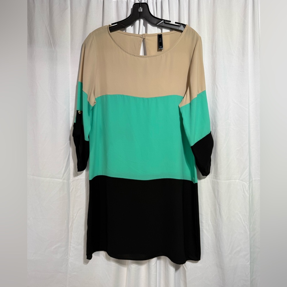 EUC Wish Long Sleeve Colorblock Dress - Beige, Teal, and Black Sz M (6QK)